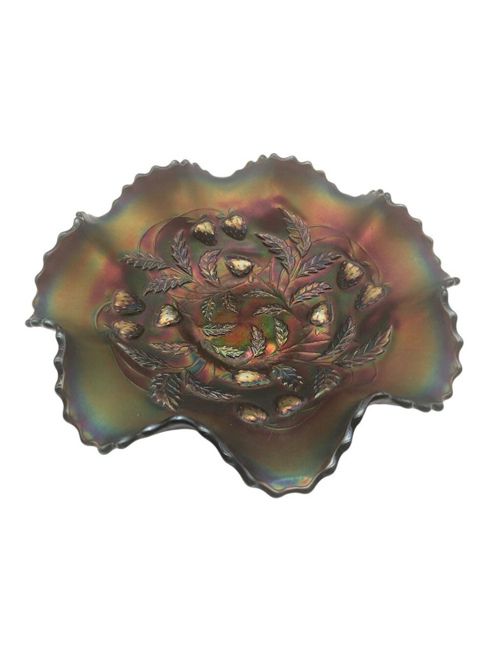 Fenton Vtg Northwood Iridescent Amethyst Strawberry Pattern Ruffled Edge BOWL
